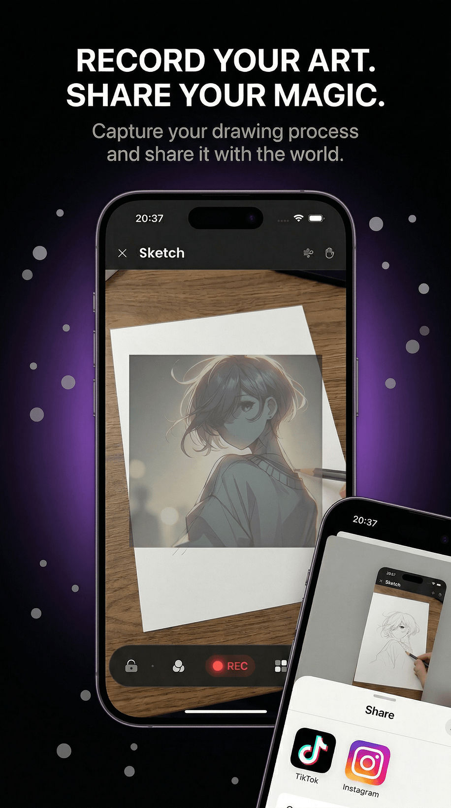 DoodleTop sketch recording screen with share sheet open